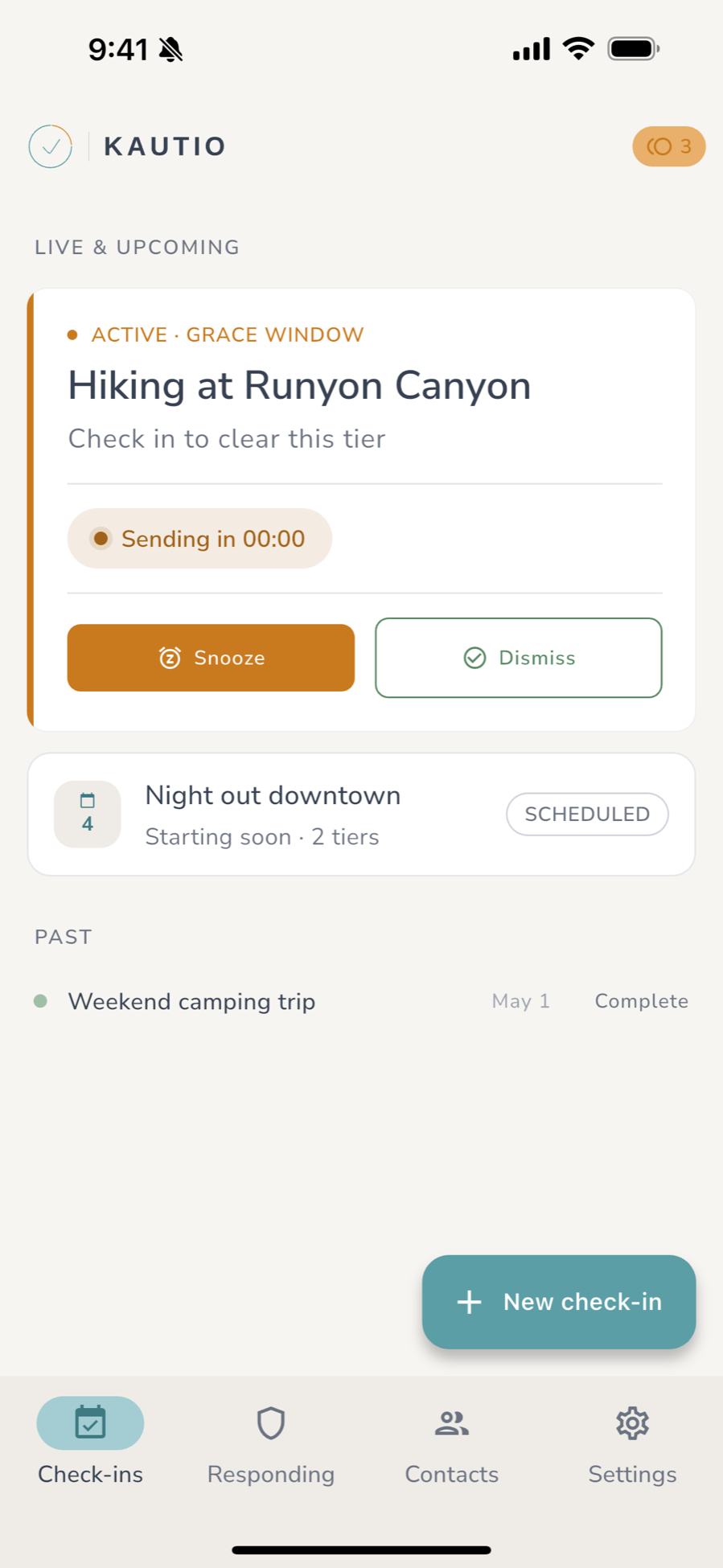 The Kautio app check-in screen