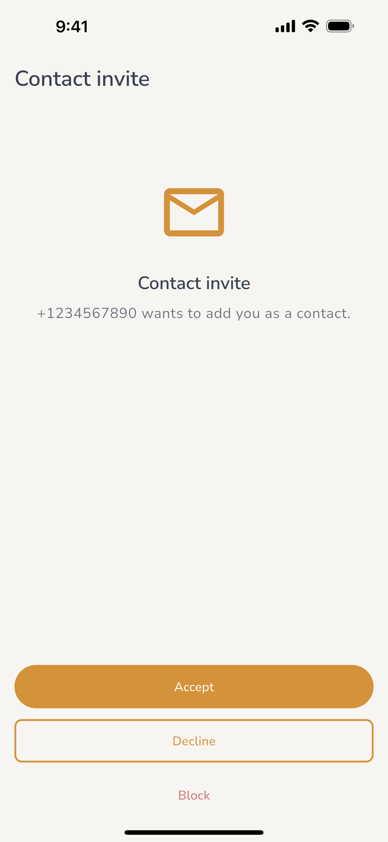 Kautio invite received screen showing the inviter's name, a description of what safety contacts do, and three buttons: accept, decline, and block sender.