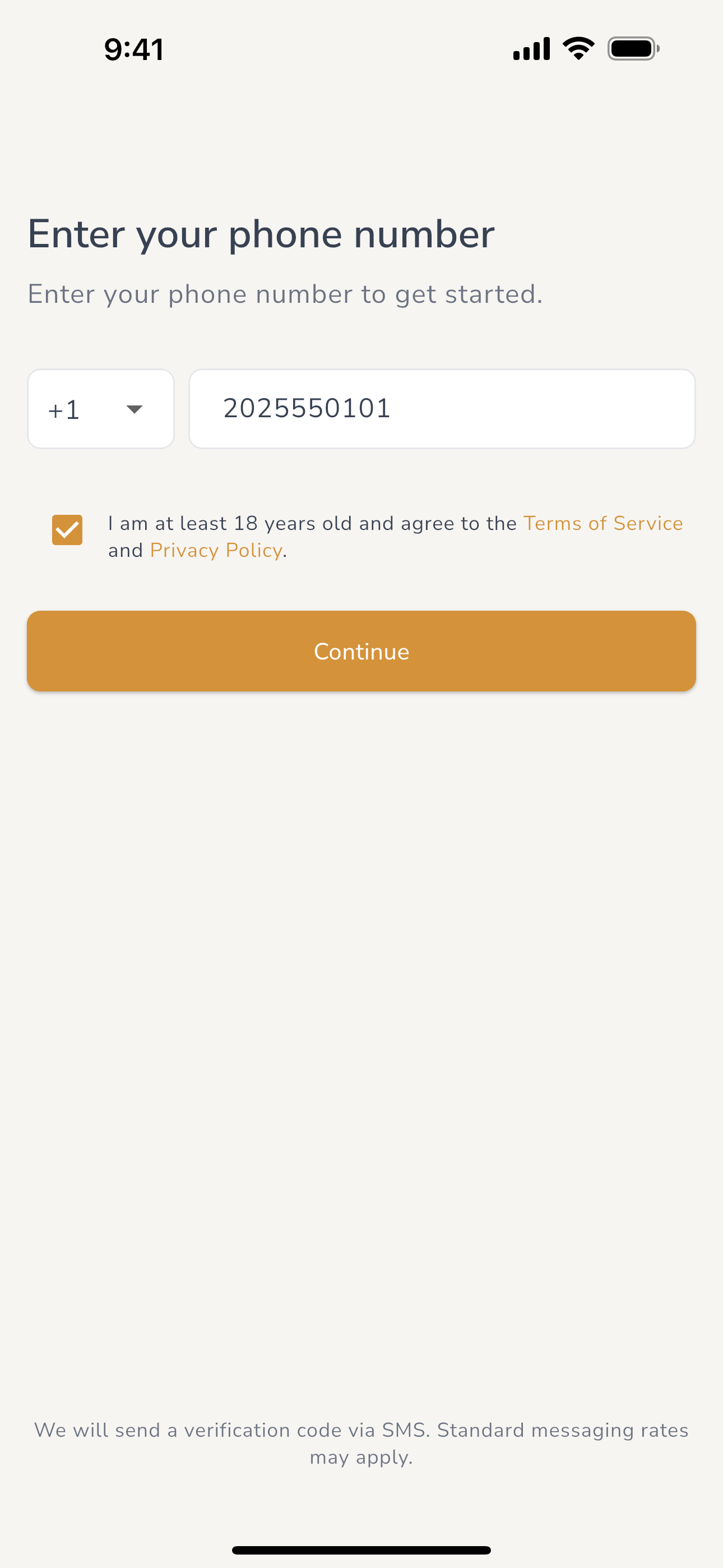 Kautio phone entry screen showing the phone number field, the country selector, and the age and terms consent checkbox at the bottom of the form.