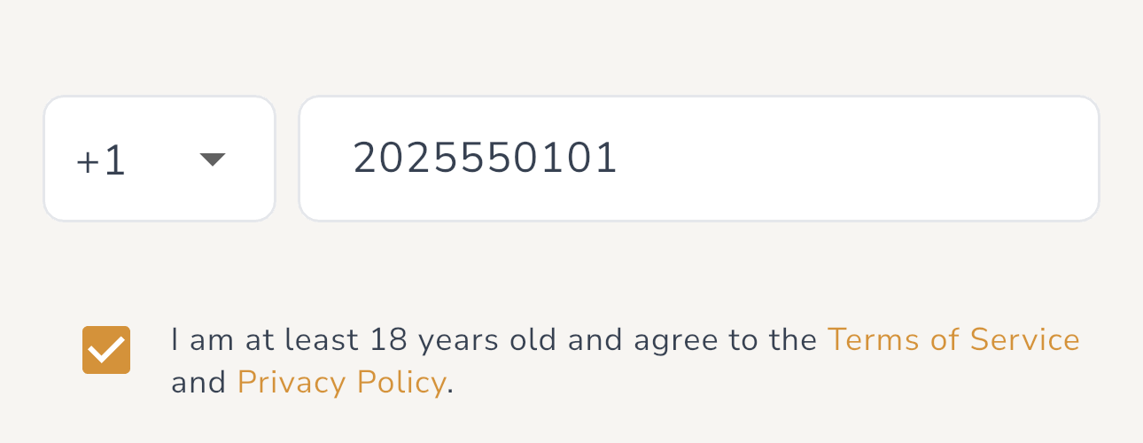 Close-up of the terms and privacy checkbox reading: I am at least 18 years old and agree to the Terms of Service and Privacy Policy.