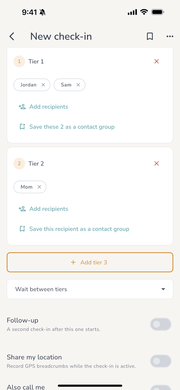 The new check-in form with two contact tiers filled in, Jordan and Sam on tier 1 and Mom on tier 2, and an Add tier 3 button.